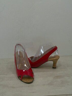 Sexy Anyi Lu Red Patent Leather Peep Toe Slingback Cork Kitten Heels 40 US 9.5